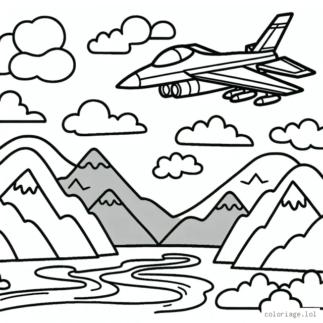Dessine un avion de chasse survolant un paysage montagneux, avec des nuages dispersés dans le ciel et une rivière qui serpente à travers les vallées en dessous.