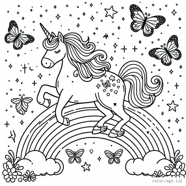 Un licorne magique chevauchant sur un arc-en-ciel entouré de papillons colorés et étoiles scintillantes