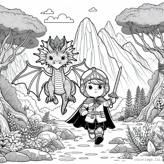 Un petit garçon traverse une forêt mystérieuse, flanqué de son fidèle dragon volant en armure. Ils tentent bravement de récupérer l'épée légendaire qui est située au sommet d'une montagne rocheuse. Des arbres fantasmagoriques et une faune discrète les entourent.