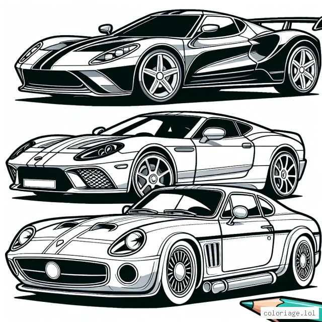 Nous avons des voitures de différentes marques alignées. Il y a une Ferrari rouge, une Mercedes bleue et une BMW verte. Chaque voiture a des détails uniques à sa marque. Par exemple, le logo emblématique de Ferrari sur le capot, l'étoile de Mercedes sur la calandre et le logo de BMW sur le capot. Connais-tu d'autres marques de voitures ?
