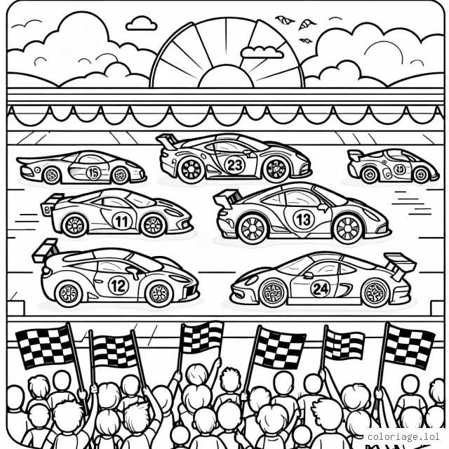 C'est une scène avec une diversité de voitures de différentes formes et tailles alignées sur un circuit de course. Les voitures ont des numéros et des motifs uniques. Le public est en arrière-plan, avec des drapeaux flottants. Le ciel est clair, prêt pour une belle journée de course.