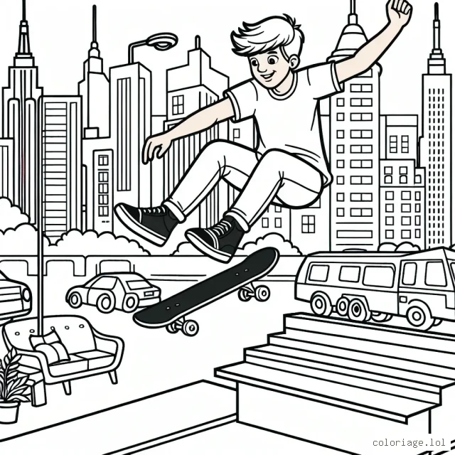 Dessine un skateur professionnel en plein saut au-dessus d'une rampe, avec une ville animée en arrière-plan.