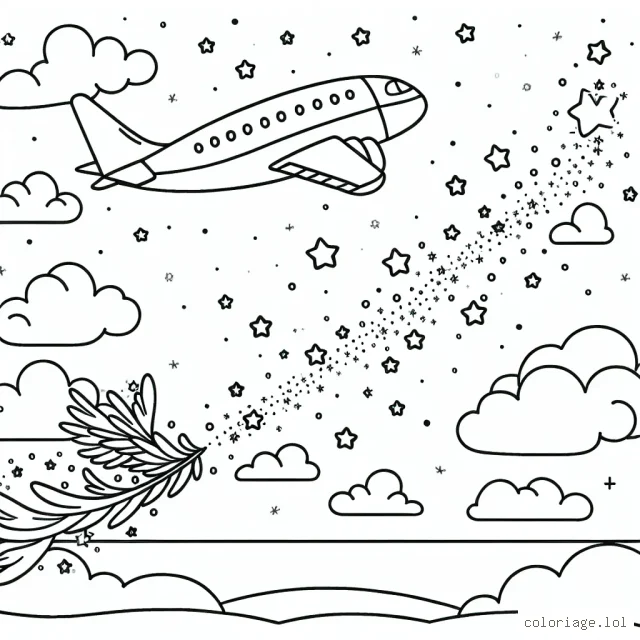 C'est une belle journée d'été, les nuages flottent doucement dans le ciel bleu. Au loin, un avion virevolte, laissant une traînée d'étoiles scintillantes derrière lui. Autour de l'avion, des enfants volants munis d'ailes en plumes d'arc-en-ciel rient et jouent, essayant d'attraper les étoiles.