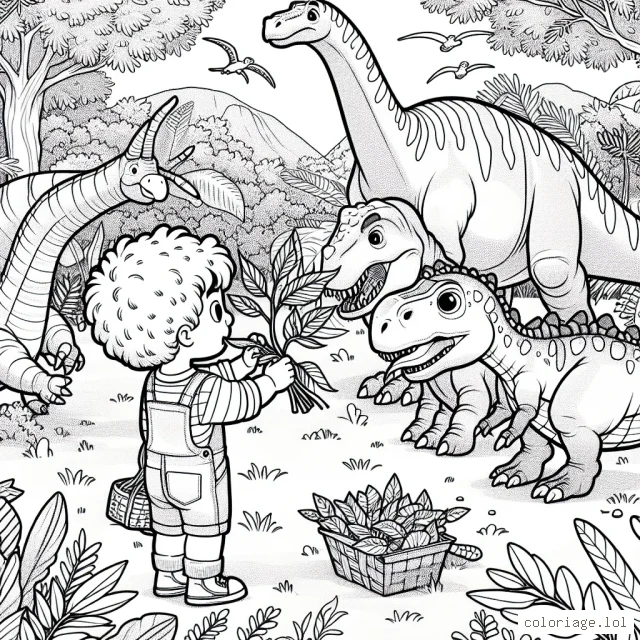 Une scène passionnante dans un parc de dinosaures, avec un petit garçon courageux qui nourrit un brachiosaure avec des feuilles fraîches pendant que d'autres dinosaures comme le triceratops et le tyrannosaurus rex se promènent librement dans le fond.