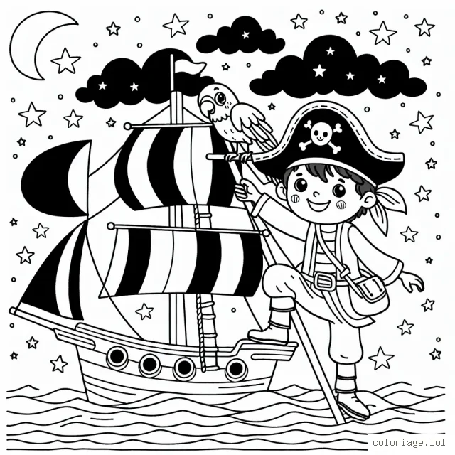 Un jeune pirate aventureux escalade un grand navire sous un ciel rempli d'étoiles, avec un perroquet joyeux sur son épaule.