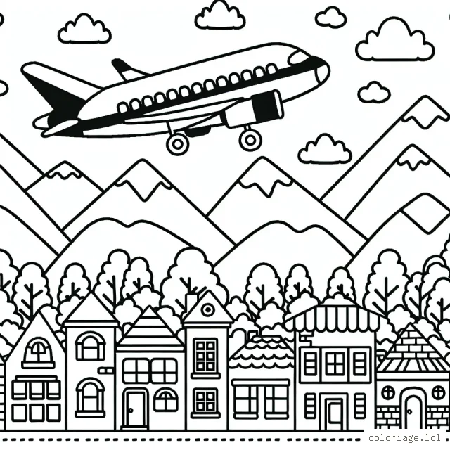 Dessinez un avion survolant une ville animée, avec des montagnes en arrière-plan.