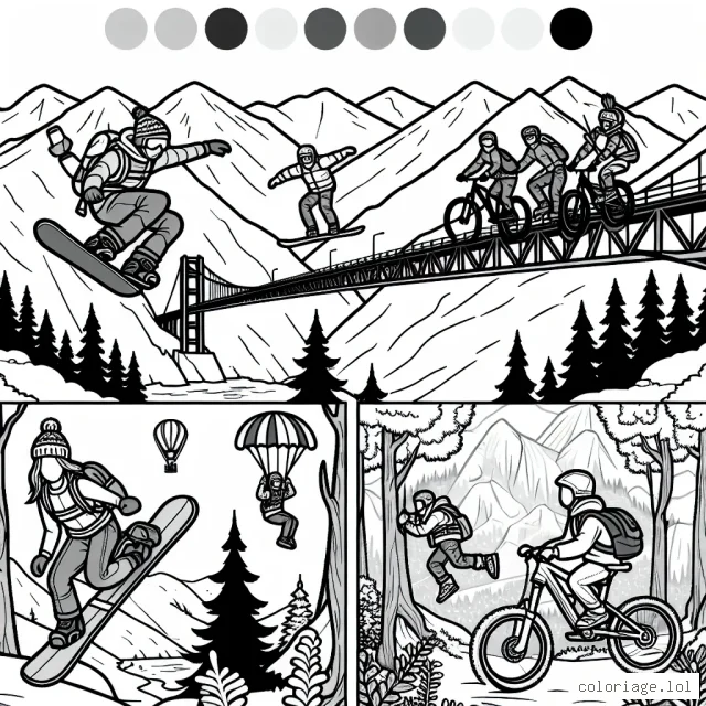 Un groupe d'amis s'aventure dans différents sports extrêmes, de la planche à neige sur les sommets enneigés des montagnes à la descente en VTT dans les sentiers sinueux de la forêt. Leur passion pour l'adrénaline les conduit même à pratiquer le saut à l'élastique à partir d'un pont haut et magnifique. Personnalise leur aventure avec tes couleurs préférées.