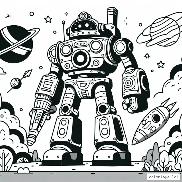 Un robot géant se prépare pour une grande aventure à travers la galaxie.