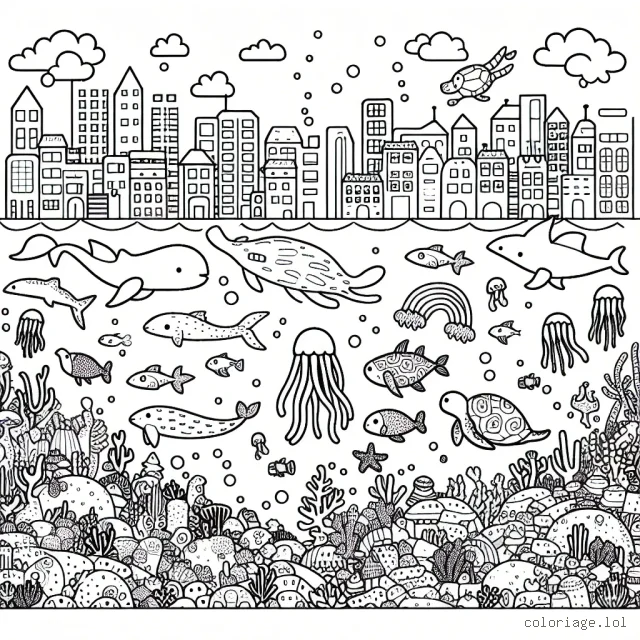 Une cité sous-marine peuplée de créatures marines diverses et colorées.