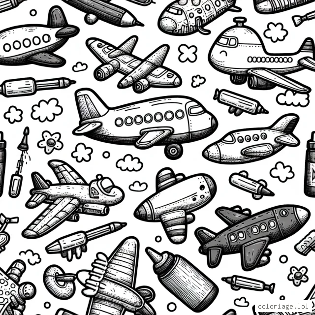 Des avions de toutes sortes, petits et grands, sont dispersés dans l'illustration, prêts à être coloriés. Cependant, ces avions ne sont pas des avions ordinaires. Certains ressemblent à des animaux, tandis que d'autres sont aussi bizarres qu'un avion bouteille de ketchup ! Bon amusement en ajoutant des couleurs à ces avions fantaisistes.