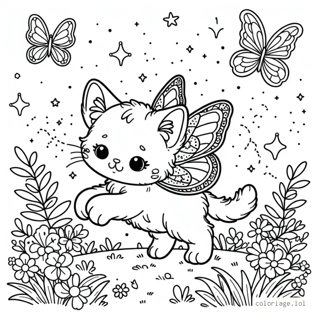 Un petit chat avec des ailes de papillon explorant un jardin magique