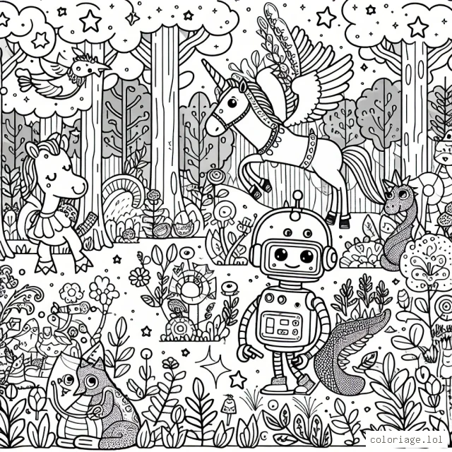 Le illustré est une scène amusante où le petit robot bleu appelé Robo s'aventure dans la mystérieuse forêt enchantée. Robo rencontre différents animaux magiques, tels que la licorne, l'oiseau de flamme et le dragon. Il y a aussi des arbres de différentes formes, de jolies fleurs et de petits lutins qui jouent des instruments de musique.