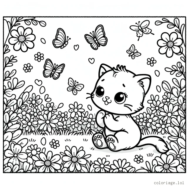 Un mignon petit chaton joue avec des papillons dans un jardin en fleurs