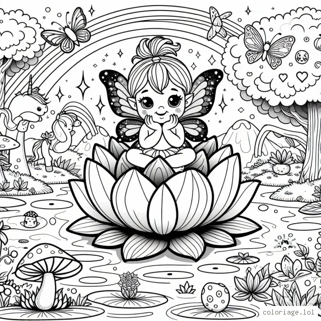 Une petite fée espiègle avec des ailes scintillantes est assise sur une fleur de lotus géante flottant sur un lac énigmatique. Autour du lac, un paysage féerique rempli des arbres aux fruits étranges, des champignons lumineux, des papillons arc-en-ciel et des licornes majestueuses. Un arc-en-ciel à sept couleurs ajoute encore plus de magie à cette scène.