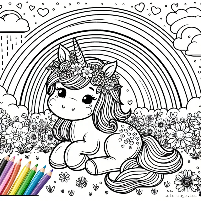 Vous vous apprêtez à entrer dans l'univers féerique des licornes. Une mignonne petite licorne avec une crinière arc-en-ciel est assise dans un champ de fleurs, un arc-en-ciel magnifique s'étend dans le ciel derrière elle. Prenez vos crayons de couleur et plongez-vous dans ce monde magique.