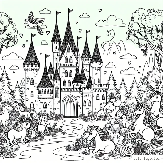Un château enchanté dans une forêt magique avec des créatures fantastiques