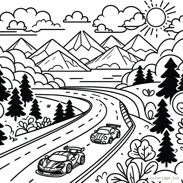 Dessine une course de voitures de sport divertissante sur une route sinueuse remplie de belles scènes de nature avec des montagnes, nuages, soleil et arbres autour