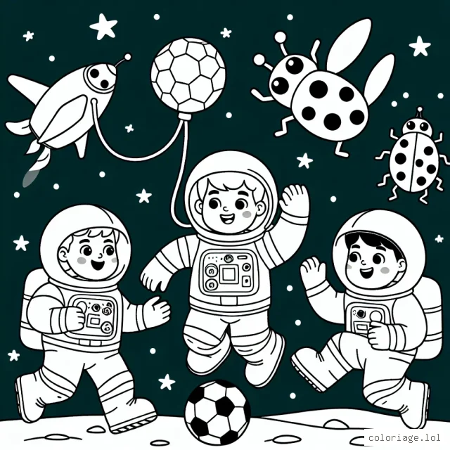 Illustration de trois astronautes jouant au football lunaire avec des aliens coccinelles multicolores