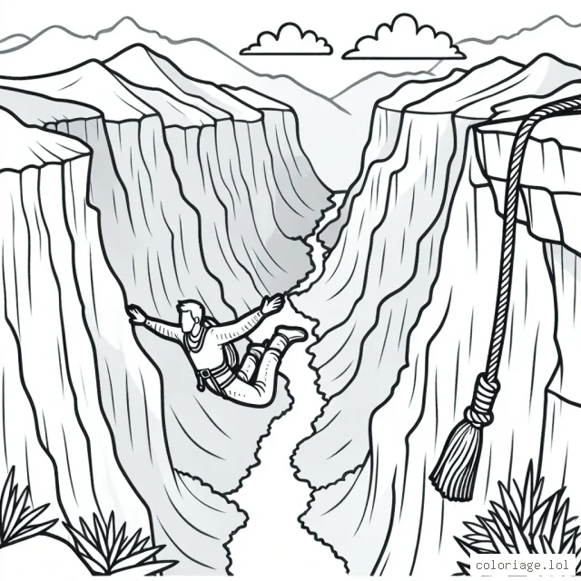 Un aventurier faisant du saut à l'élstique au-dessus d'un canyon, avec des montagnes en arrière-plan