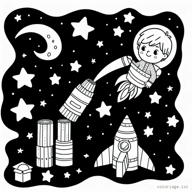Un petit garçon voyage à travers les étoiles à bord de sa fusée spatiale construite à partir de cartons recyclés.