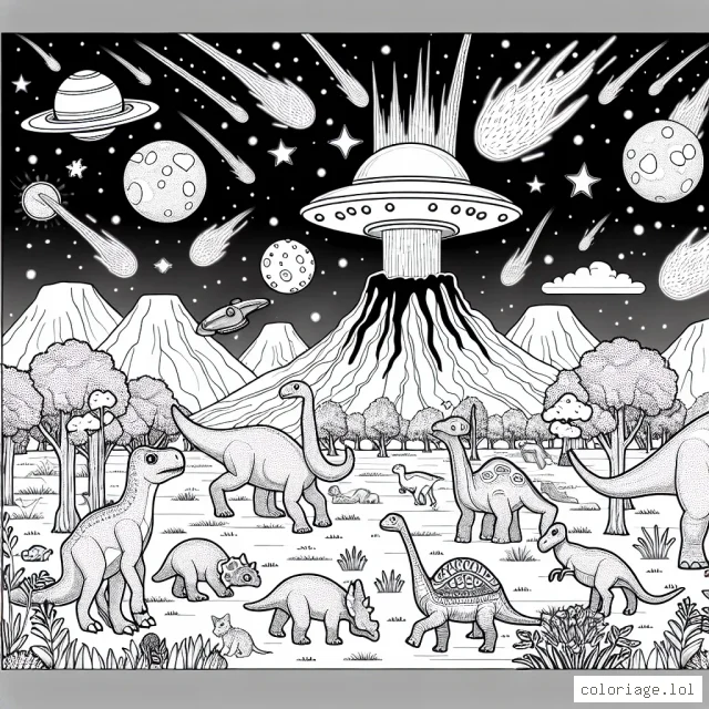 Un troupeau de dinosaures, se mêlant à des animaux modernes, traverse une plaine imaginaire. Des volcans actifs crachent des braises incandescentes dans un ciel rempli de météorites. Une bande d'aliens sympathiques les regardent émerveillés depuis leur soucoupe volante miroitante.