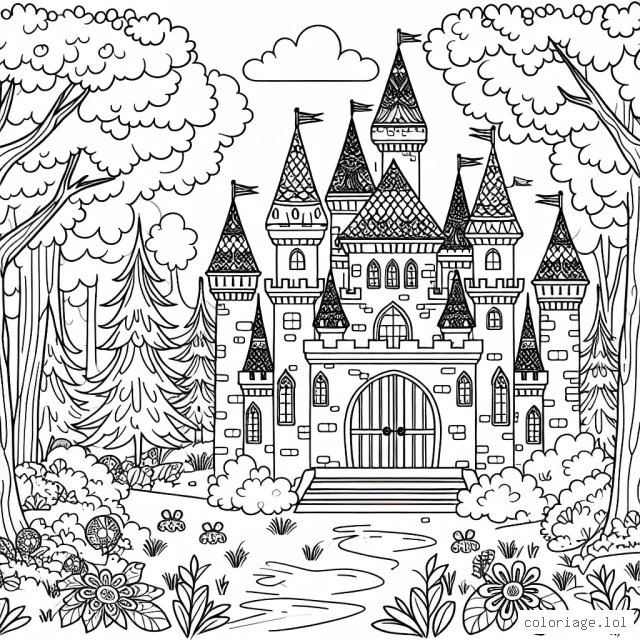 Imagine et colore ton propre château magique au milieu d'une forêt enchantée !