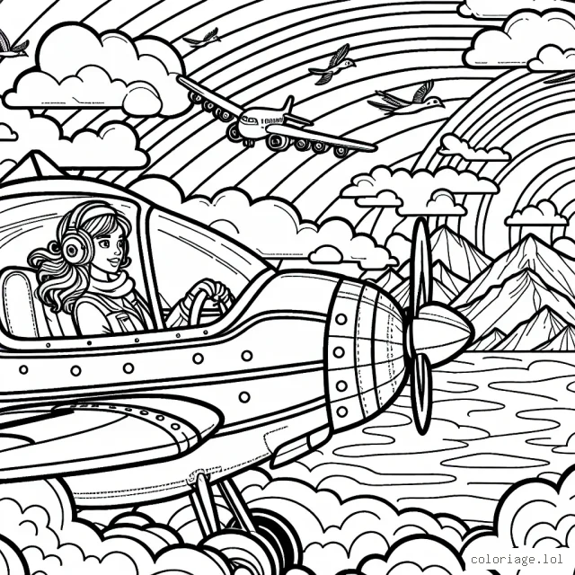 Imagine un avion volant haut dans le ciel entre les nuages. Il y a un pilote à l'intérieur et tu peux le voir à travers le cockpit. Il y a aussi des oiseaux qui volent à côté de l'avion. Dans le lointain, tu peux voir une montagne majestueuse et un magnifique coucher de soleil qui peint le ciel en couleurs vives.