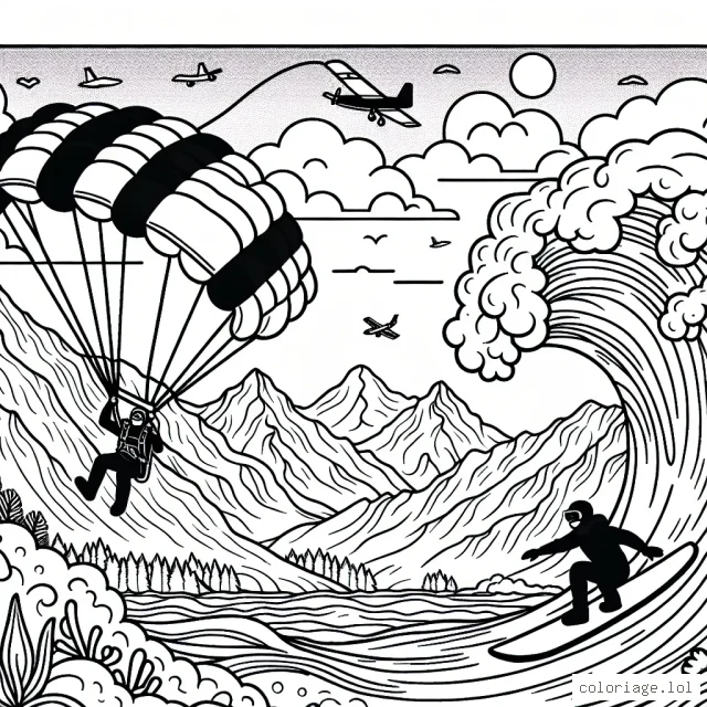 Visualise un parachutiste en plein saut, un snowboarder dévalant une montagne poudreuse et un surfeur sur une énorme vague. Le tout avec comme fond un sublime paysage de montagnes, de mer et de ciel à colorier!