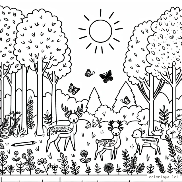 Une scène ensoleillée dans la forêt avec des cerfs, des oiseaux et des papillons
