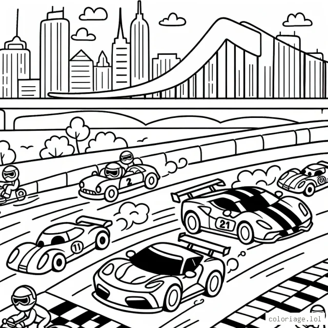 Dessine une course colorée de voitures de sport animées à travers la ville animée