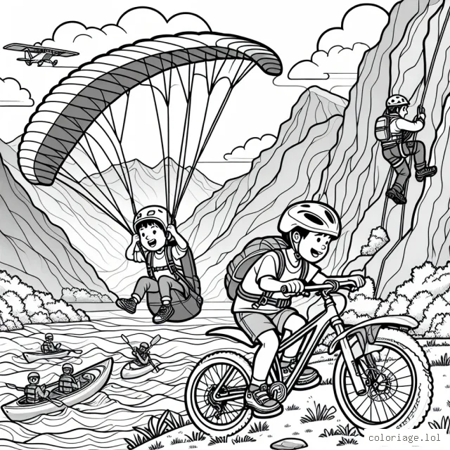 Deux enfants aventureux essaient différents sports extrêmes dans un paysage montagneux. Un enfant fait du parapente à travers le ciel nuageux, tandis que l'autre enveloppé dans son équipement de sécurité est sur le point de descendre une pente abrupte en VTT. À l'horizon, on peut voir des grimpeurs évoluer sur une paroi rocheuse et un kayakiste affrontant les rapides d'une rivière tumultueuse.