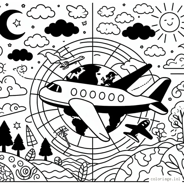 Dessine un avion survolant différentes scènes du monde pendant les quatre saisons.