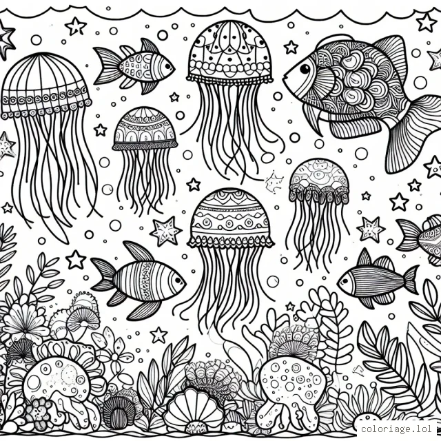 Imagines que tu es un explorateur dans la mer, tu as rencontré une colonie enchantée de poissons multicolores et de méduses éclatantes. Chaque poisson et méduse a son propre motif unique. Donne-leur vie avec tes couleurs!