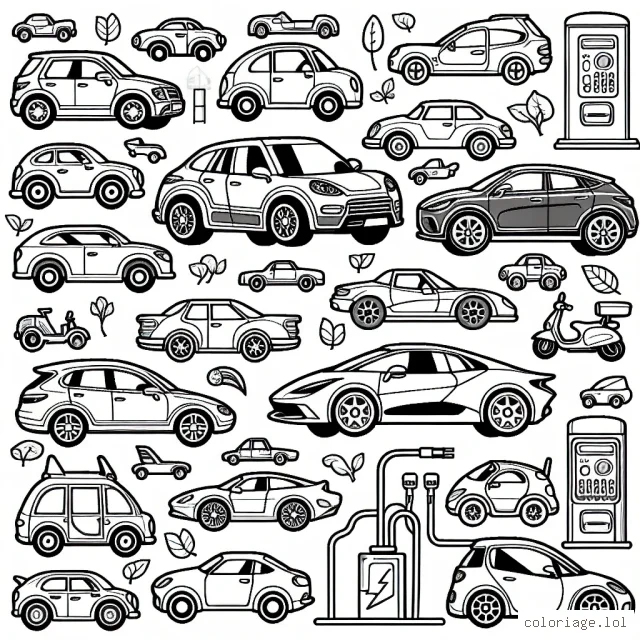 Des voitures de diverses formes et tailles sont placées dans un paysage urbain animé. Les voitures vont du style classique au contemporain, y compris les voitures de sport, les voitures de famille et les voitures électriques. Quelques-unes sont en mouvement, d'autres sont garées ou sont dans une station de recharge pour voitures électriques.