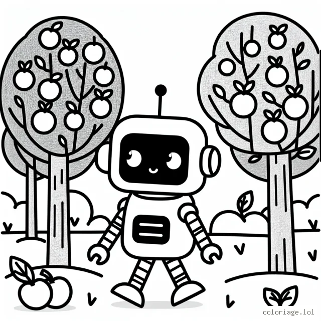 Un petit robot amical marchant dans une forêt d'arbres fruitiers