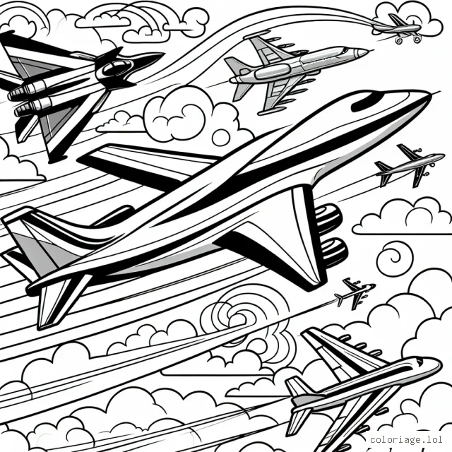 Imagine un ciel plein de différents types d'avions. Il y a un avion de chasse super rapide, un gros avion de passagers volant majestueusement et un petit avion de sport faisant des loopings dans les airs. Peins ces avions ainsi que le ciel autour d'eux.