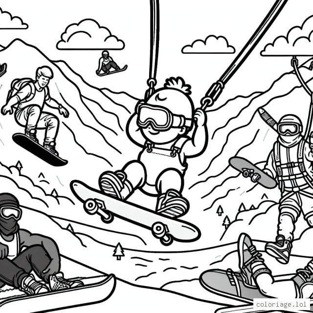 Une scène palpitante de sports extrêmes avec des athlètes faisant du skateboard, du snowboard, et du saut à l'élastique à colorier