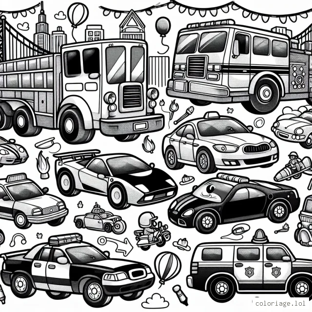 Dessinez une grande fête automobile avec des voitures de différentes formes, tailles et types - des voitures de sport rapides, des camions volumineux, des taxis jaunes vifs, des bus de ville, des voitures de policier et des voitures de pompiers. N'oubliez pas d'inclure divers éléments tels que des lumières, des fanions et des ballons pour créer une ambiance festive. Incluez également une variété de personnages, tels que des conducteurs, des passagers, des policiers et des pompiers.