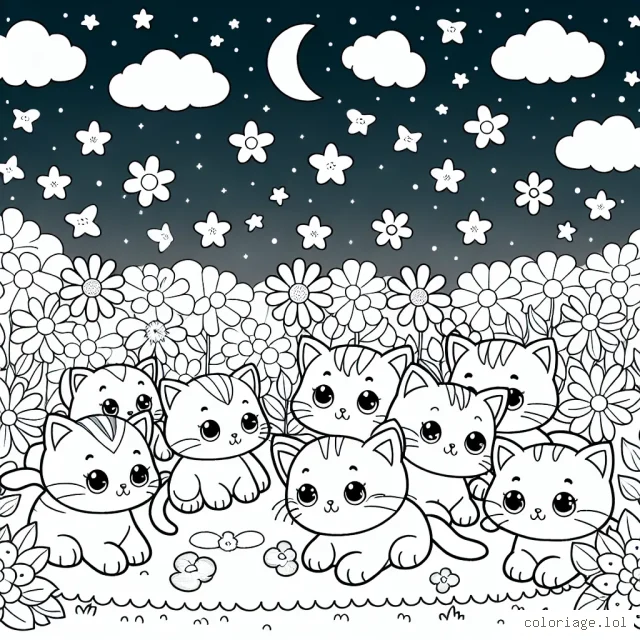 Un groupe de petits chats mignons jouent dans un jardin fleuri sous un ciel étoilé.