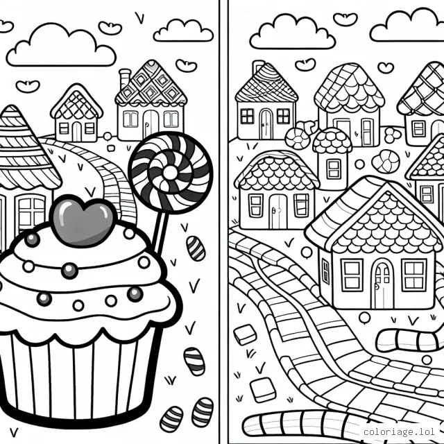Une ville de sucreries avec des maisons-cupcakes et des rues en réglisse