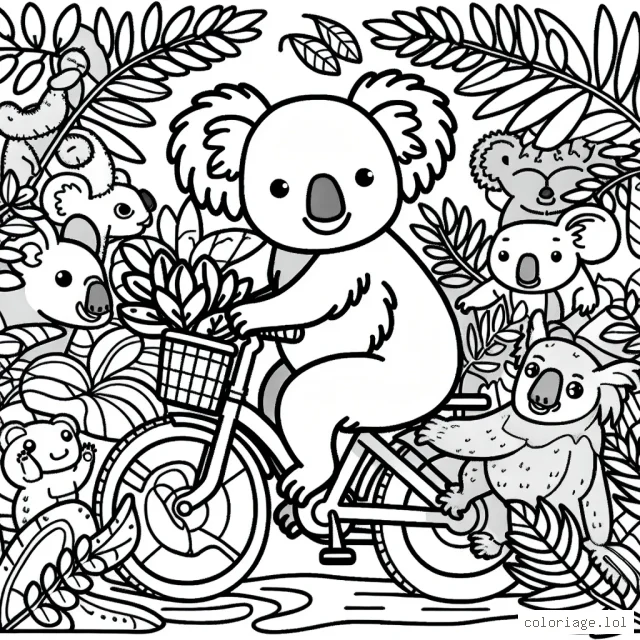 Un koala sur un vélo, qui traverse une jungle remplie d'animaux et de plantes exotiques