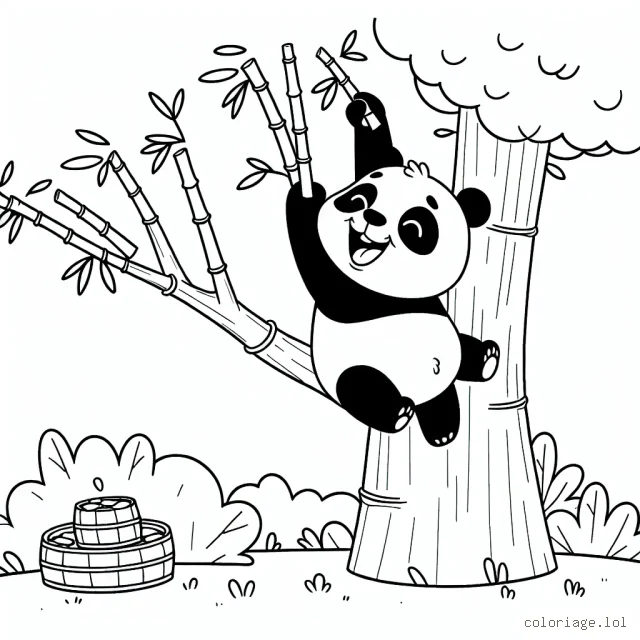 Un joyeux panda affamé essayant d'atteindre des pousses de bambou tout en haut d'un arbre