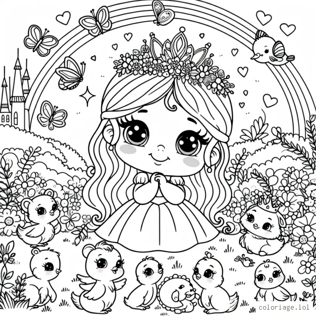 Vois cette magnifique princesse entourée par ces adorables petits animaux dans un jardin enchanté. Amuse-toi à leur donner des couleurs éclatantes.