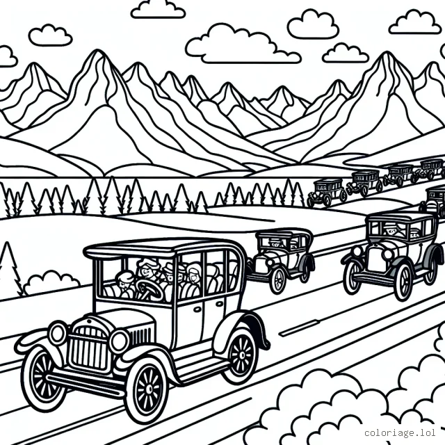 Un défilé de voitures vintage traversant un paysage pittoresque de montagne.