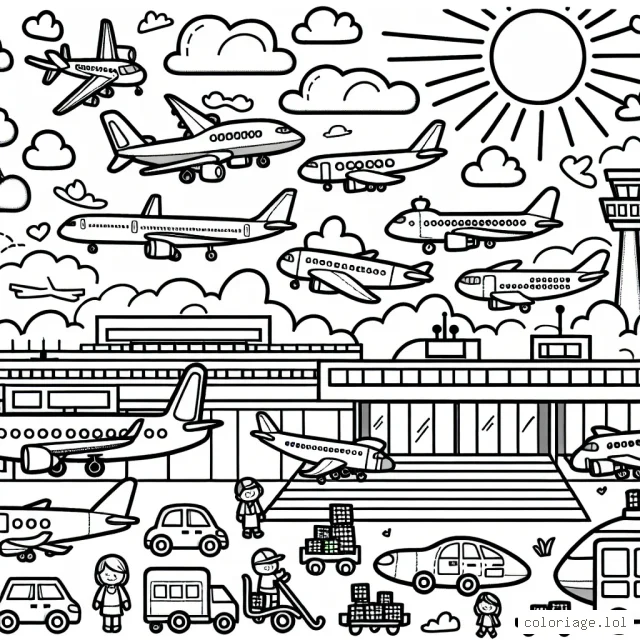 Un jour ensoleillé à l'aéroport, de nombreux avions de différentes tailles et formes se préparent à décoller. L'enfant doit peindre les avions, le ciel, le soleil, les employés de l'aéroport et la tour de contrôle.