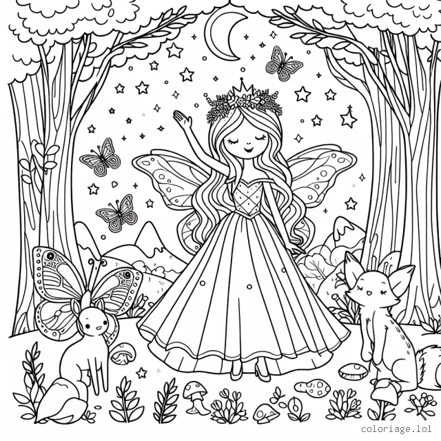 Une princesse fée dans son royaume magique avec des animaux de la forêt