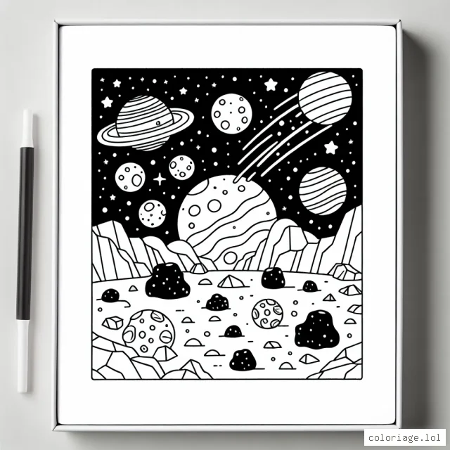 Imaginez un espaceur intergalactique qui voyage à travers un champ d'astéroïdes, avec des planètes colorées en arrière-plan!