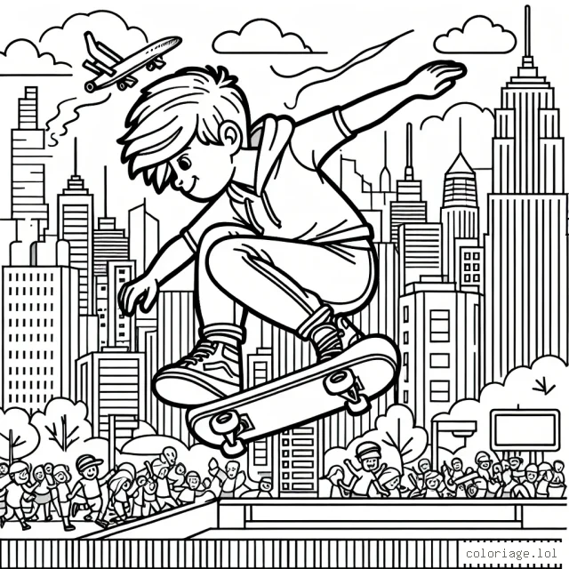 Un athlète en plein saut pendant une compétition de skateboard extrême, avec un paysage urbain en arrière-plan.