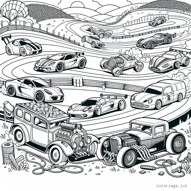 Imagine une scène de course animée avec plusieurs types de voitures en action. Il y a des voitures de sport, des fourgonnettes, des camions et des voitures classiques se déplaçant à différentes vitesses. Les voitures sont disposées sur une piste de course sinueuse avec des collines et des vallées. Il y a aussi des spectateurs dans les tribunes pour apporter un dynamisme supplémentaire à la scène. Peut-être que certaines voitures sont dans les airs, effectuant des sauts audacieux, tandis que d'autres sont en train de s'arrêter au stand pour une réparation rapide, ajoutant des détails intéressants pour colorer.