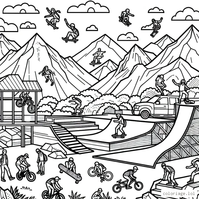 Sur votre feuille se dessine un parc de sports extrêmes bourré d'action. Il y a des rampes de skateboard, des montagnes pour les VTT, une falaise pour l'escalade et bien plus encore. Il y a aussi des personnes faisant ces sports, donnant vie à l'action. Certaines personnes sautent très haut, d'autres effectuent des tricks impressionnants. Il y a beaucoup de détails à colorer ici, alors utilisez votre imagination et une variété de couleurs pour donner vie à ce parc de sports extrêmes.